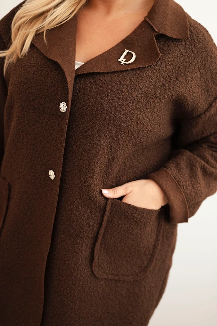 Moteriškas Plus Size paltas su vilna ir kišenėmis rudas