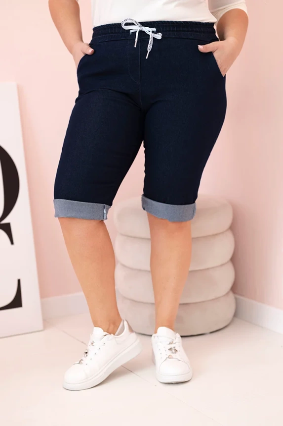Plus Size women's cotton shorts with tie dark denim