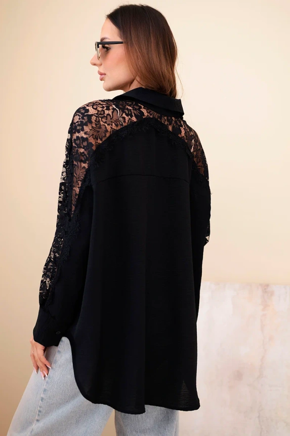 Women's viscose shirt with lace sleeves and collar black