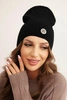 Women's ribbed cap with decorative button made of wool and modal black
