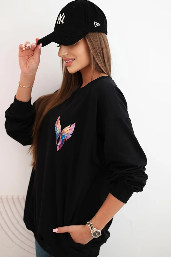 Damen Oversize-Hoodie aus Baumwolle mit bunten Flügeln auf dem Rücken schwarz