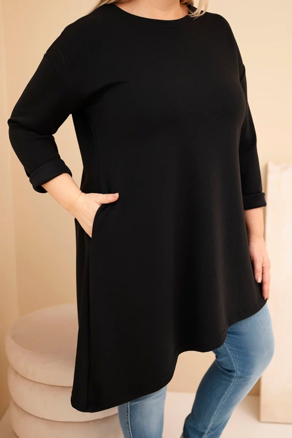 Damenkleid Plus Size aus Viskose mit lockerer Passform und langen Ärmeln schwarz