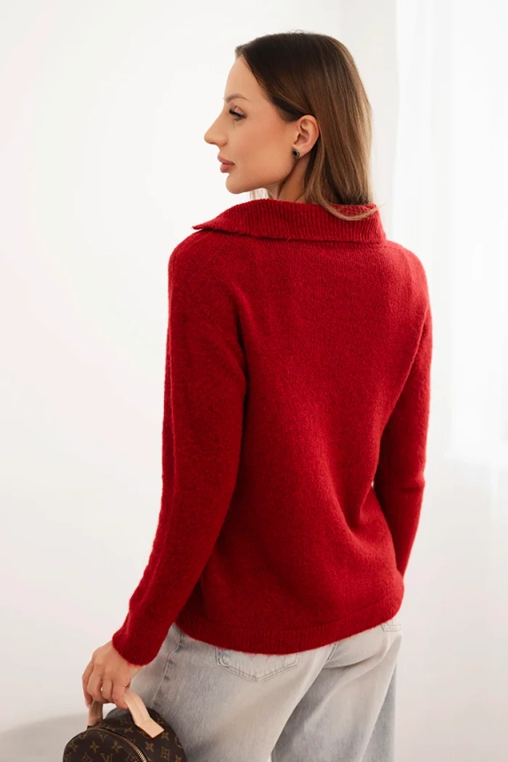 Damenpullover aus Baby-Alpaka mit Kragen und V-Ausschnitt bordeauxrot