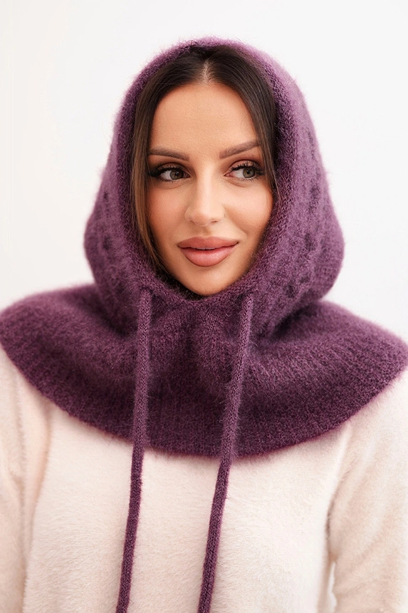 Women's hooded cap with ties and braid pattern purple