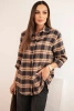 Women's cotton plaid shirt with a longer back camel