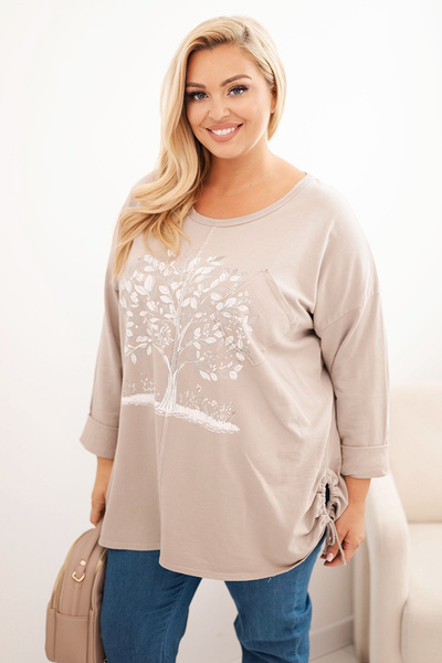 Bluza damska Plus Size bawełniana z nadrukiem drzewa beżowa