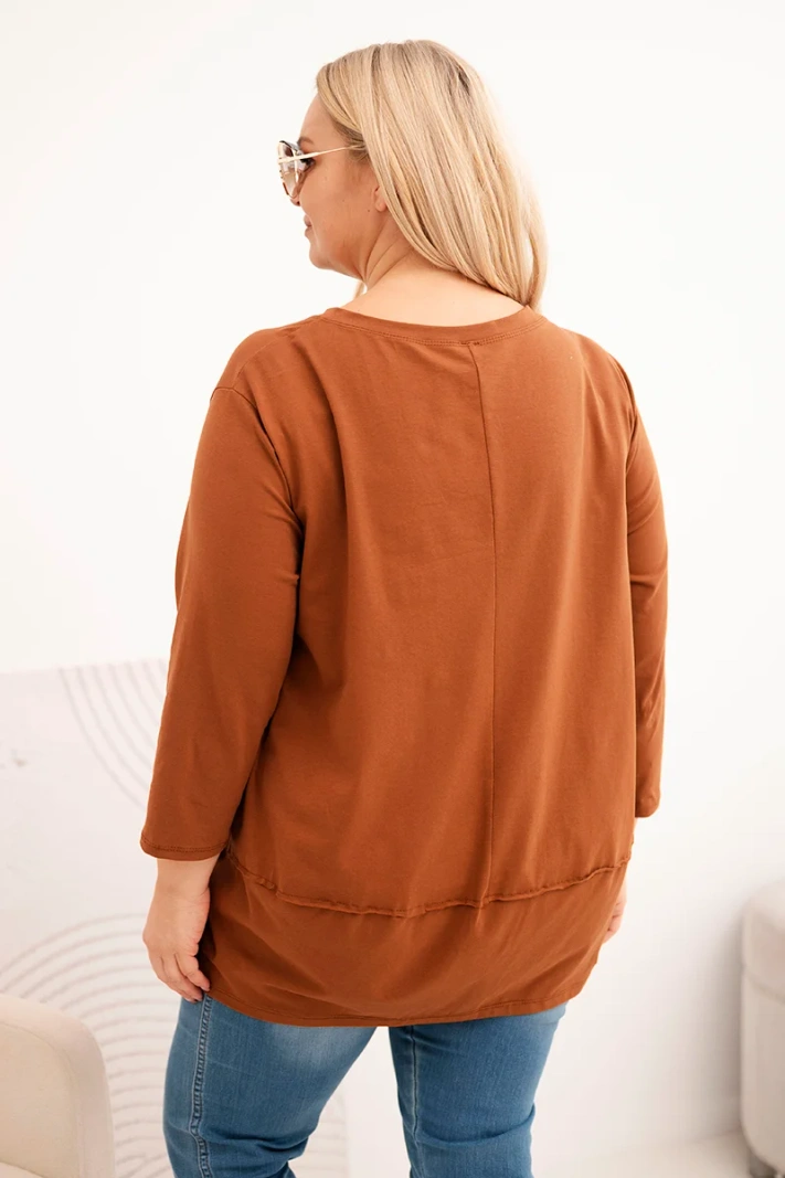 Dámská blůza Plus Size z bavlny s ozdobnými knoflíky a ohrnovacími rukávy camelová