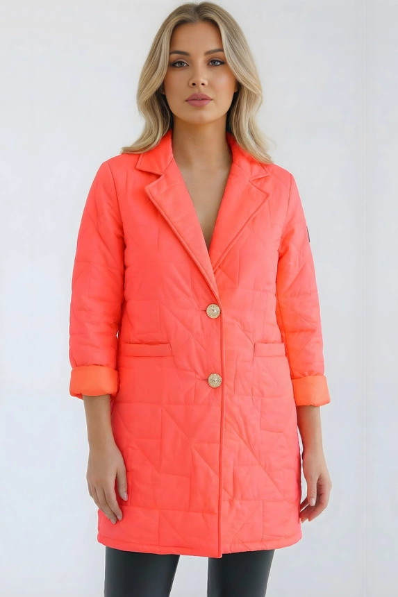 Damenjacke Plus Size gesteppt mit dekorativen Knöpfen und Kragen rosa neon