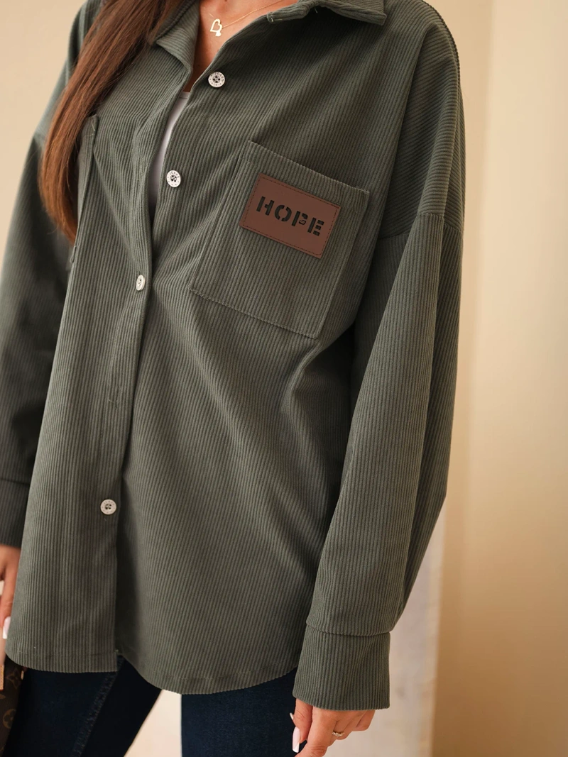 Women's oversized corduroy cotton shirt with pockets and long sleeves khaki
