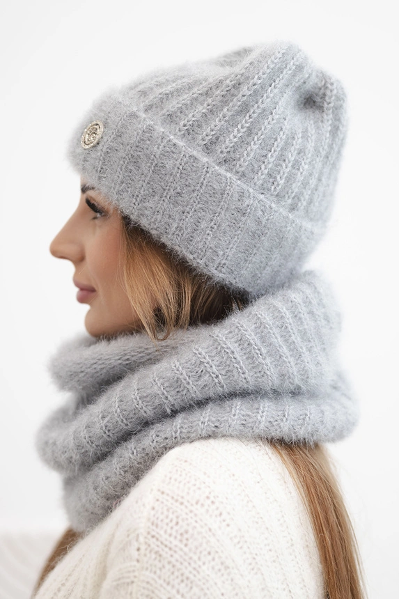 Women's set winter hat and fluffy scarf with decorative emblem dark gray