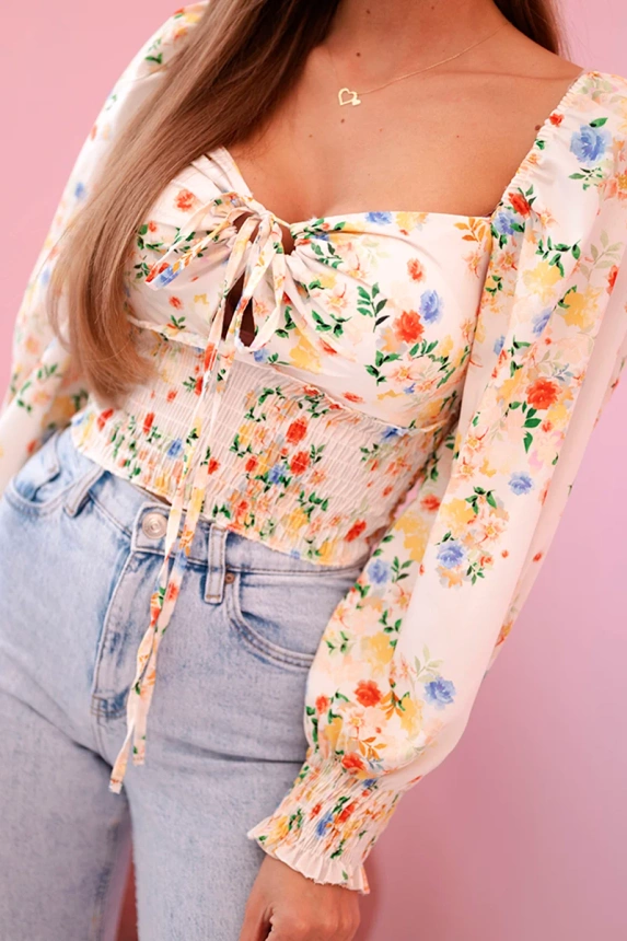 Women's floral Spanish blouse, long sleeve beige