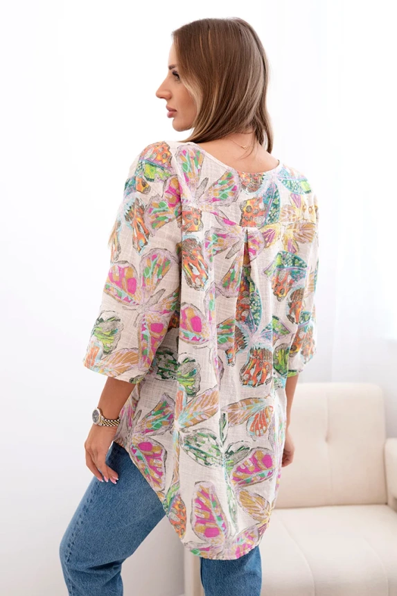 Women's cotton blouse with a butterfly pattern and buttons beige