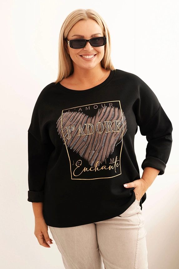 Moteriška Plus Size džinsinė palaidinė su gobtuvu ir spauda grafito spalvos