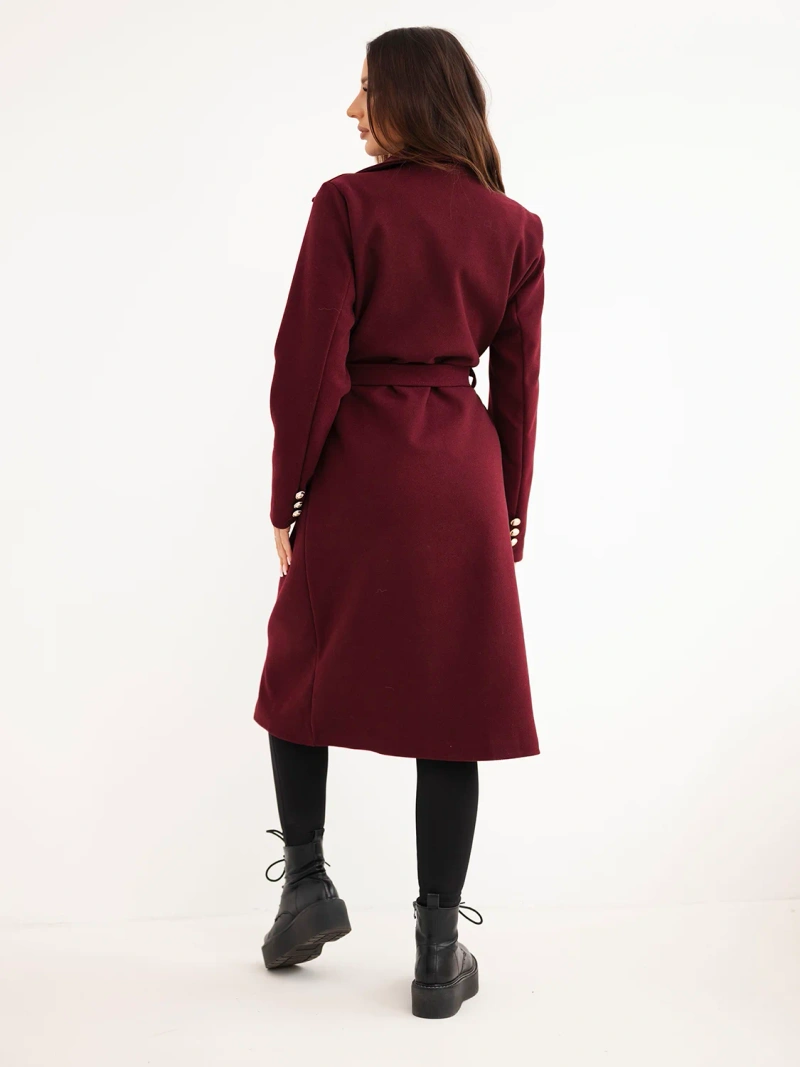 Płaszcz damski z paskiem dwurzędowy śliwkowy