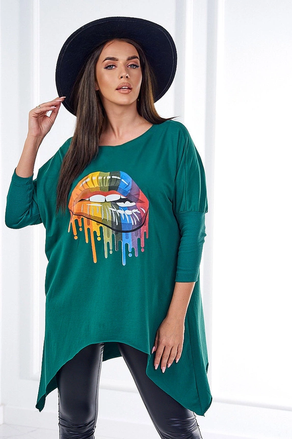 Oversize-Bluse mit Regenbogen-Lippen-Print dunkelgrün