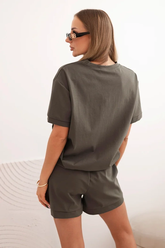 Damen Punto-Set mit kurzem Ärmel und lockeren Shorts khaki