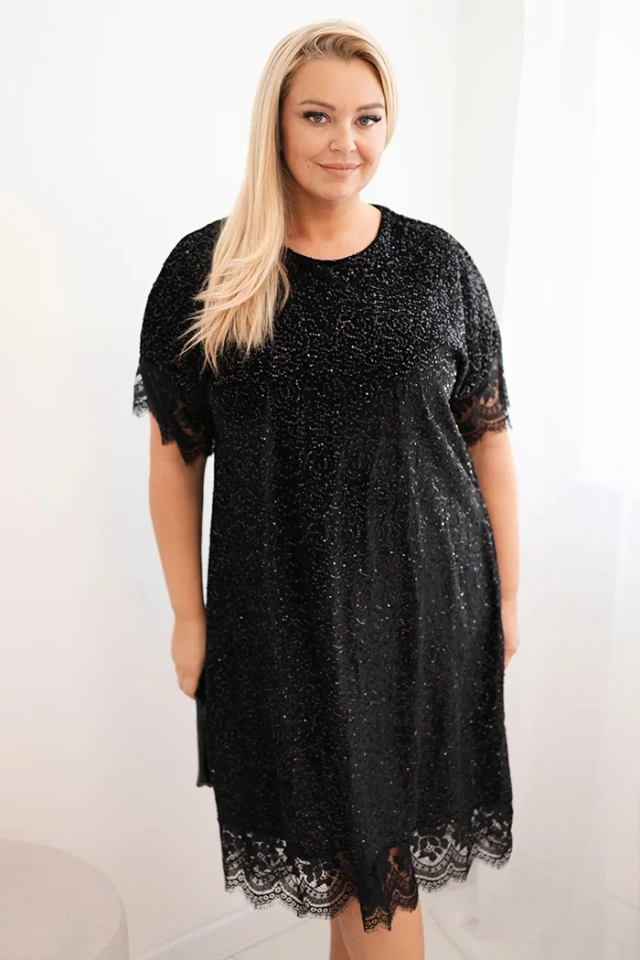 Sukienka damska Plus Size z cekinami i koronkowym wykończeniem czarna