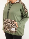 Plus Size women's viscose hoodie with leopard print inserts khaki