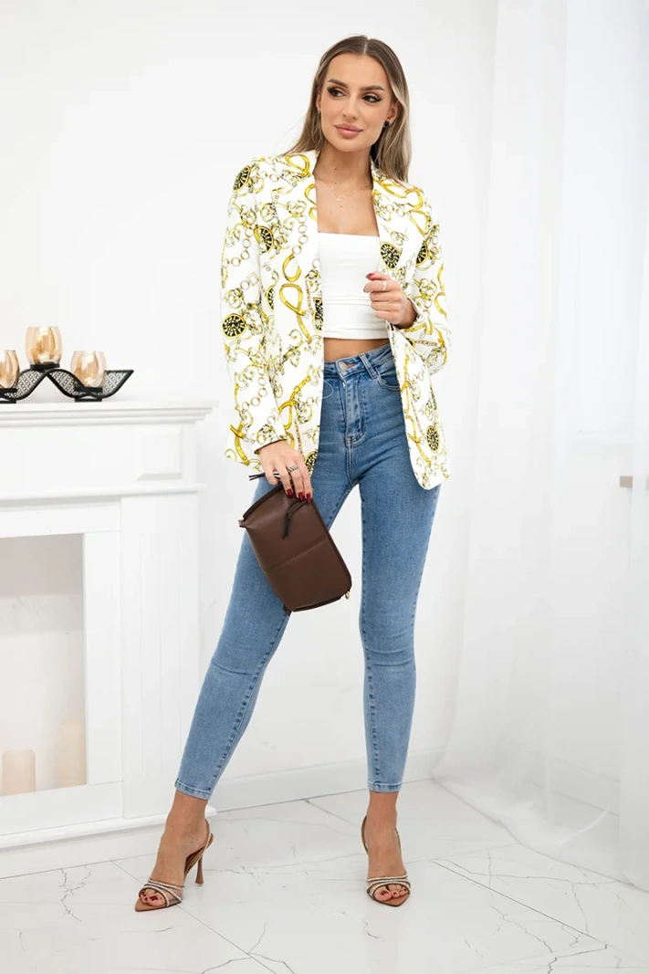 Printed cotton jacket with a button ecru+yellow