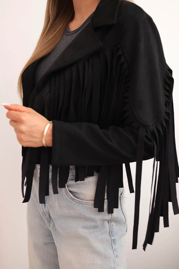 Damen-Wildlederjacke mit Fransen schwarz