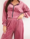 Women's velour set made of viscose with a short sweatshirt and wide pants dark pink
