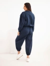 Women's cotton set with collar and jogger pants navy blue