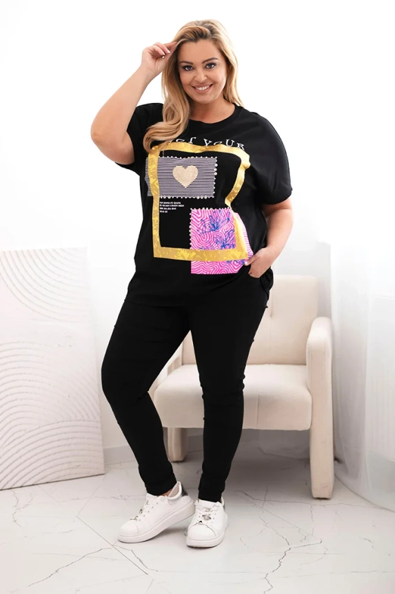 Dámska bavlnená blúzka Plus Size so zlatým nápisom čierna + žltá