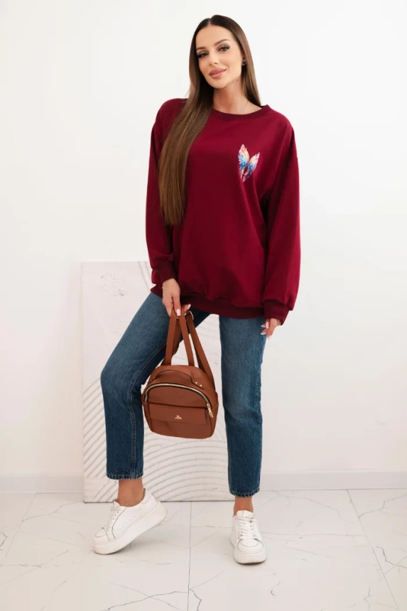 Women's oversized cotton sweatshirt with colorful wings on the back burgundy
