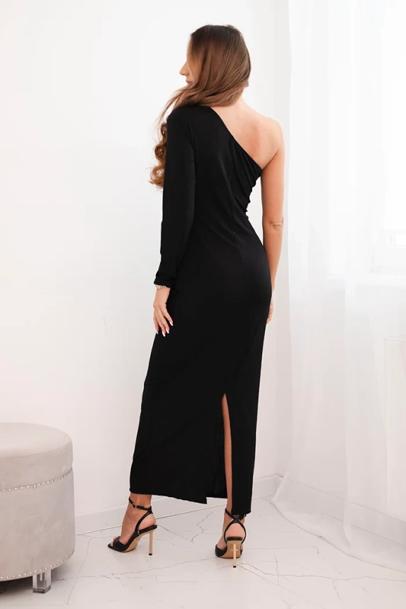 Evening dress for women with viscose and decorative gathering black