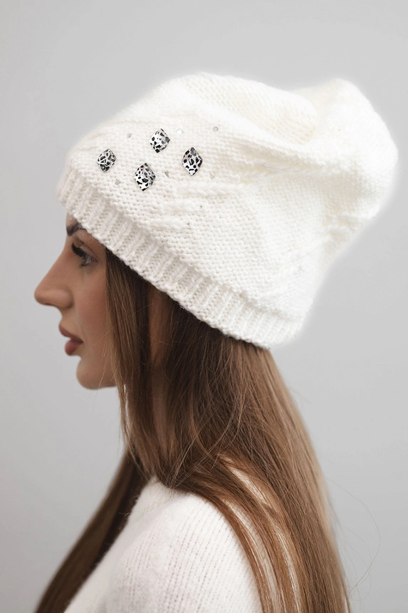 Women's winter wool hat with zirconia and pattern K455 mocha