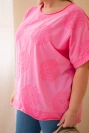 Plus Size women's cotton blouse with embroidered flowers pink