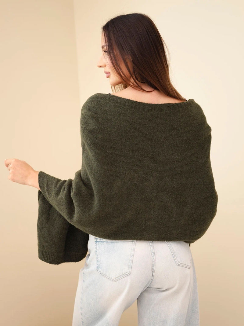 Damenpullover Poncho aus Baby-Alpaka mit Knöpfen khaki