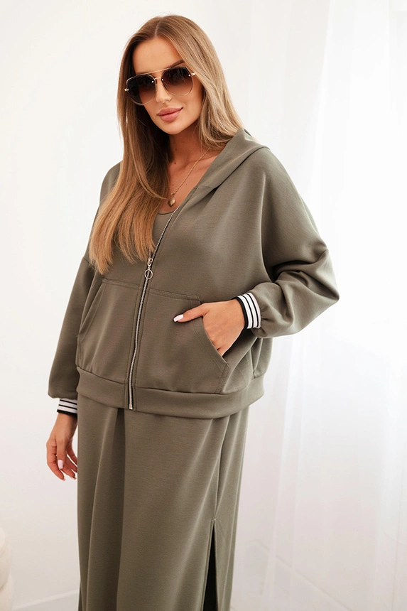Damen Set mit Viskose, bestehend aus einer offenen Bluse und einem langen Kleid khaki