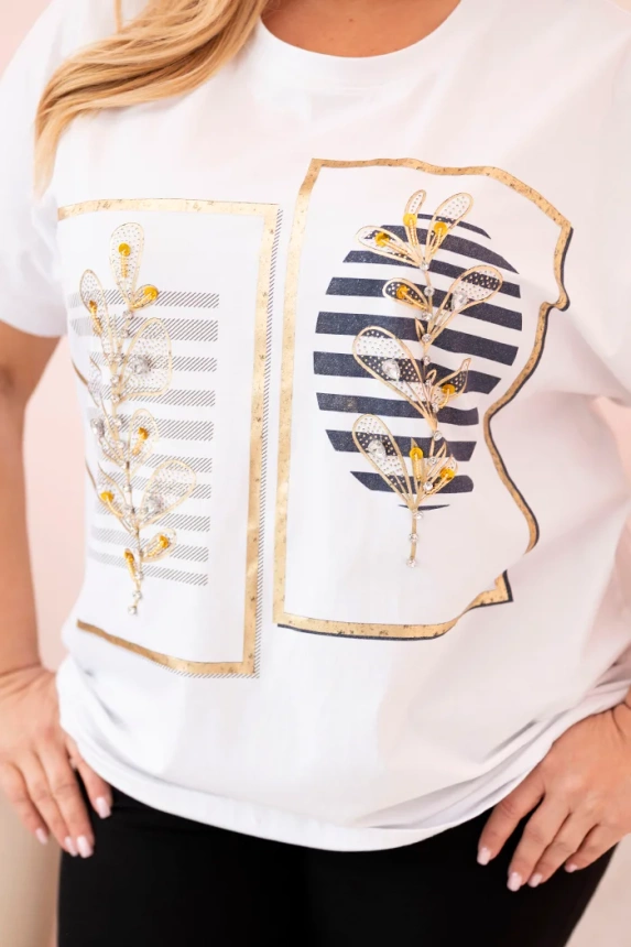 Moteriška medvilninė Plus Size palaidinė su žvyneliais balta + tamsiai mėlyna