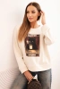 Women's cotton sweatshirt with a cat print and text light beige