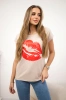 Blouse with lips print beige