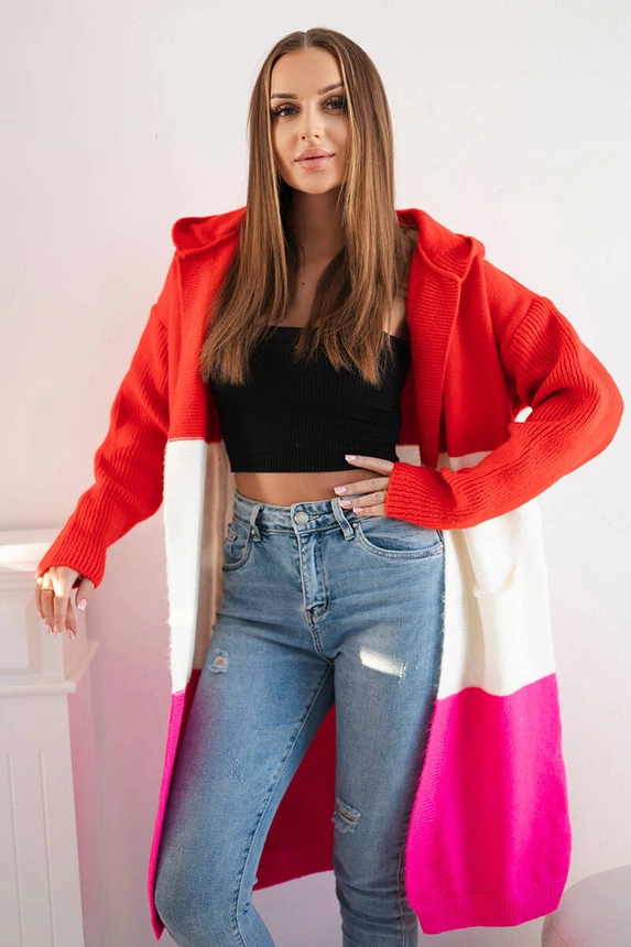 Striped hooded cardigan sweater red+ecru+pink neon