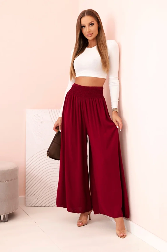 Women's viscose pants with elastic waistband dark burgundy