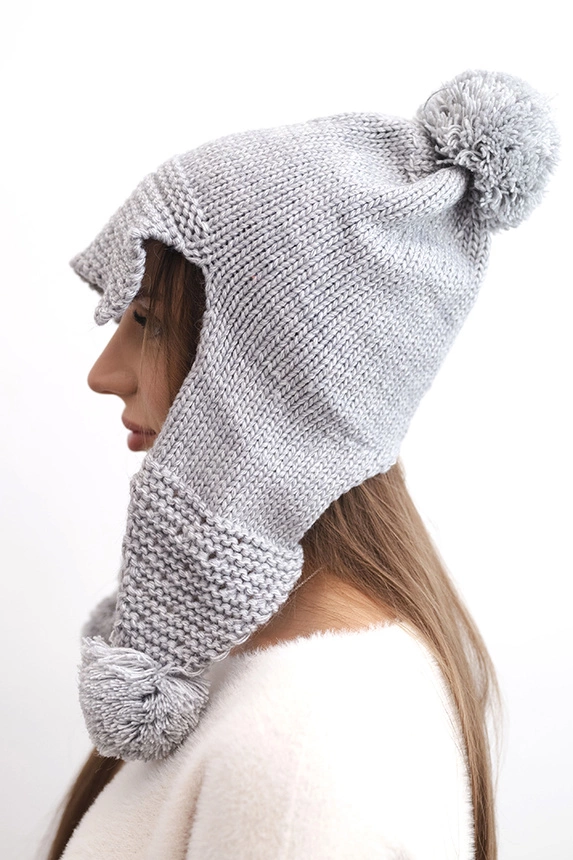Women's winter cap with wool, visor, and pom-poms K475 light gray