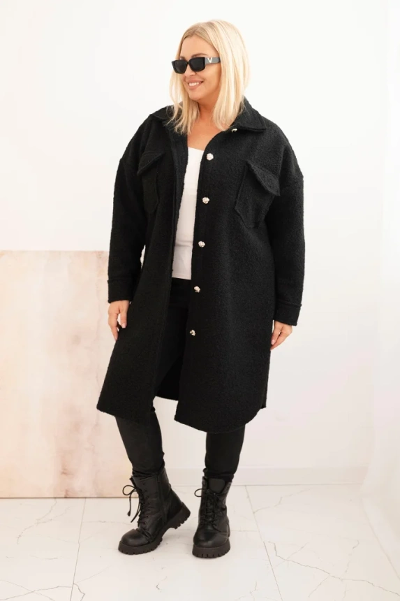 Dámský kabát Plus Size s vlnou na knoflíky s kapsami a límcem černý