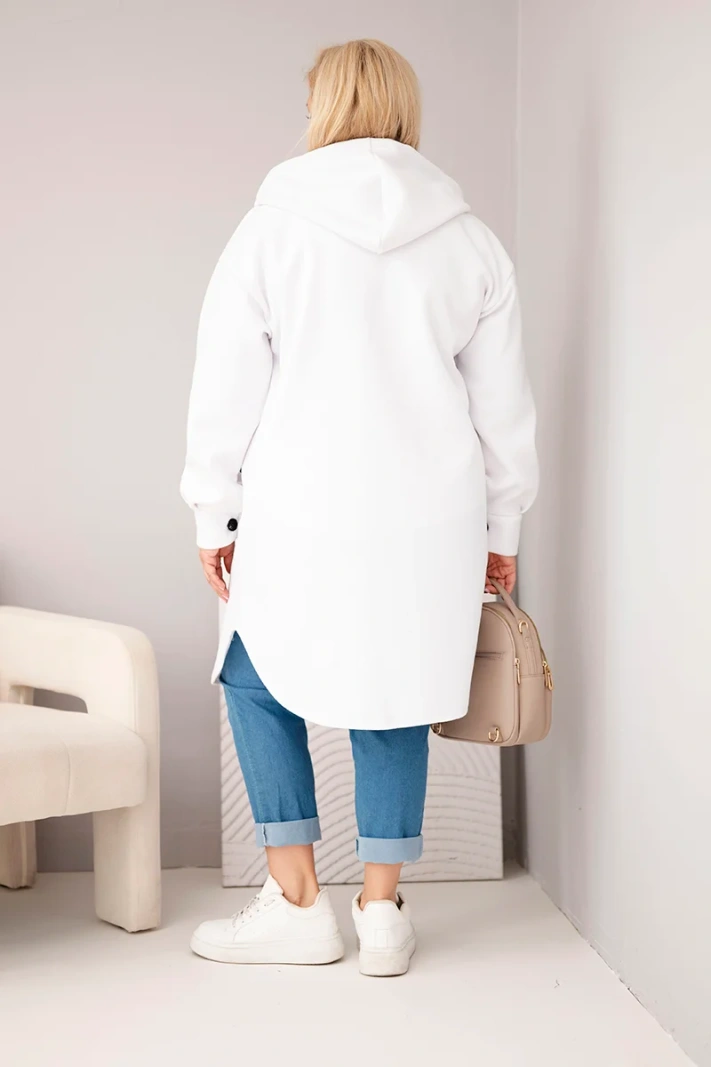 Plus-size women's hooded coat fastened with buttons white