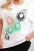 Women's Cotton Plus Size Blouse with Feather Motif  white + green