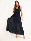 Langes Damenkleid mit plissiertem Rock und Bindegürtel navyblau