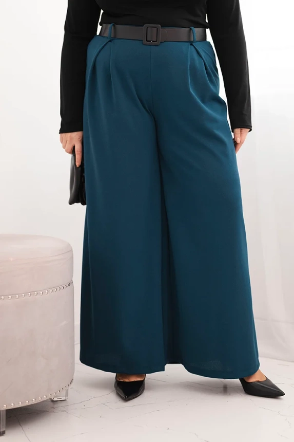 Moteriškos Plus Size kelnės su plačia kojų dalimi ir diržu melsvos