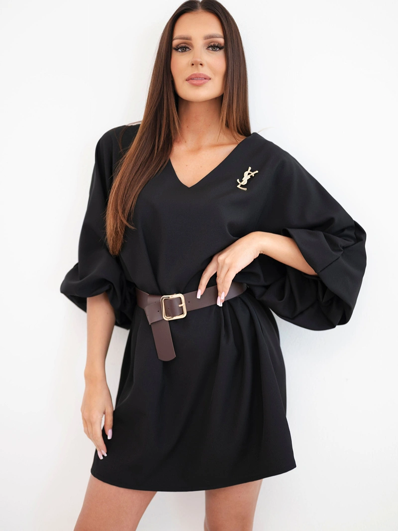A dress women's loose viscose with belt and V-neckline black