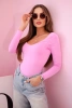 Women's bodysuit blouse with long sleeves and a deep neckline pink