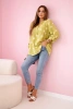 Linen Women's Blouse with Floral Pattern, Long Sleeves, and Buttons kiwi
