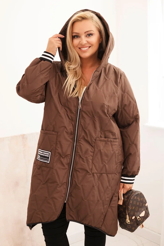 Plus Size women's quilted jacket with a hood and sporty cuffs chocolate