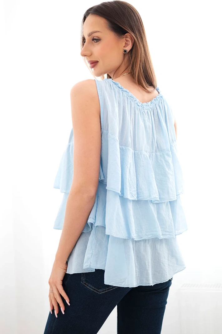 Women's cotton off-the-shoulder blouse with ruffles sleeveless blue