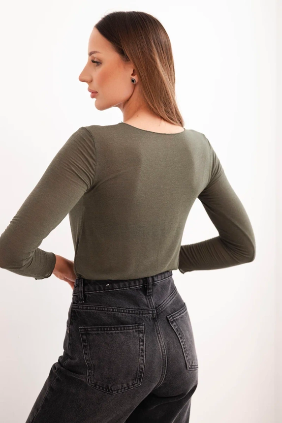 Damenbluse aus Kaschmir mit Rundhalsausschnitt und langen Ärmeln khaki